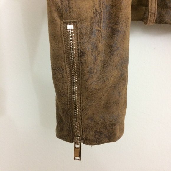 BNCI Faux Suede Asymmetrical Zip Long Sleeve Brown Moto Jacket Distressed Medium - Picture 2 of 9